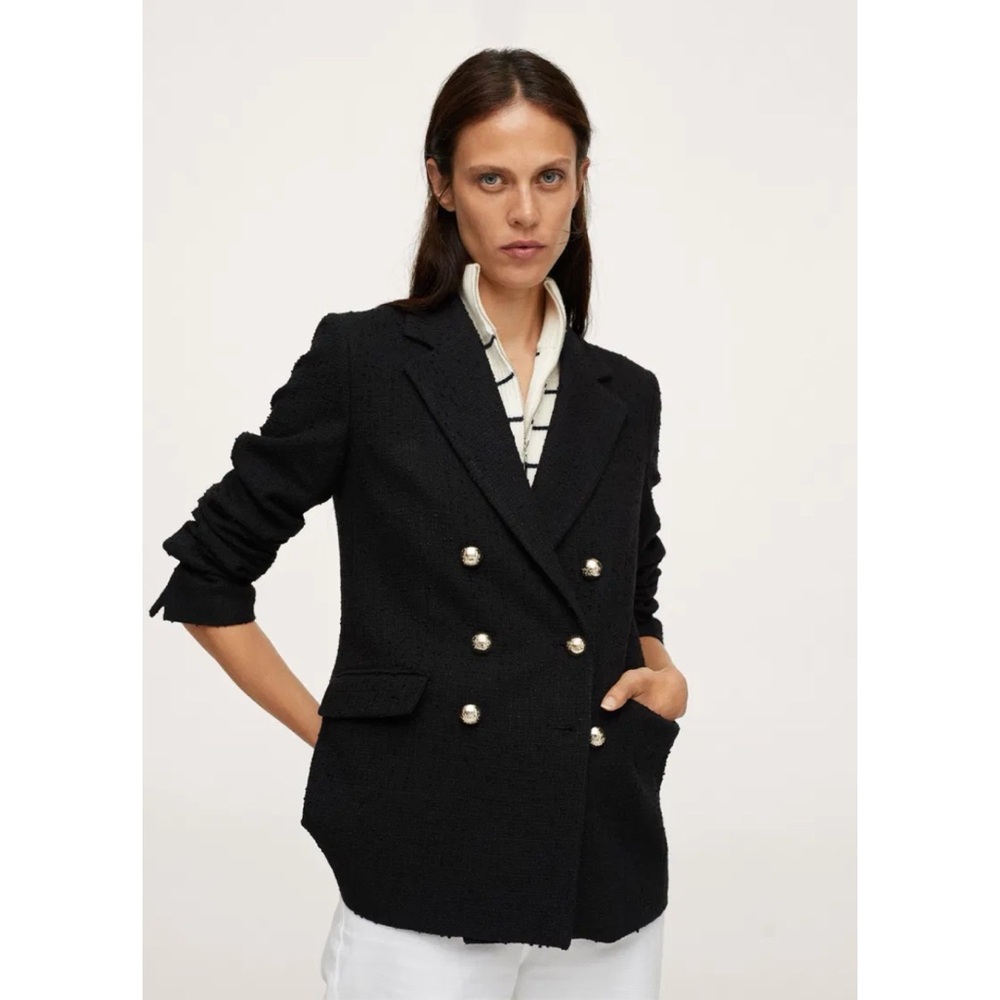 Mango MNG Dark Academia Black Double Breasted Blazer Jacket Tweed Textured